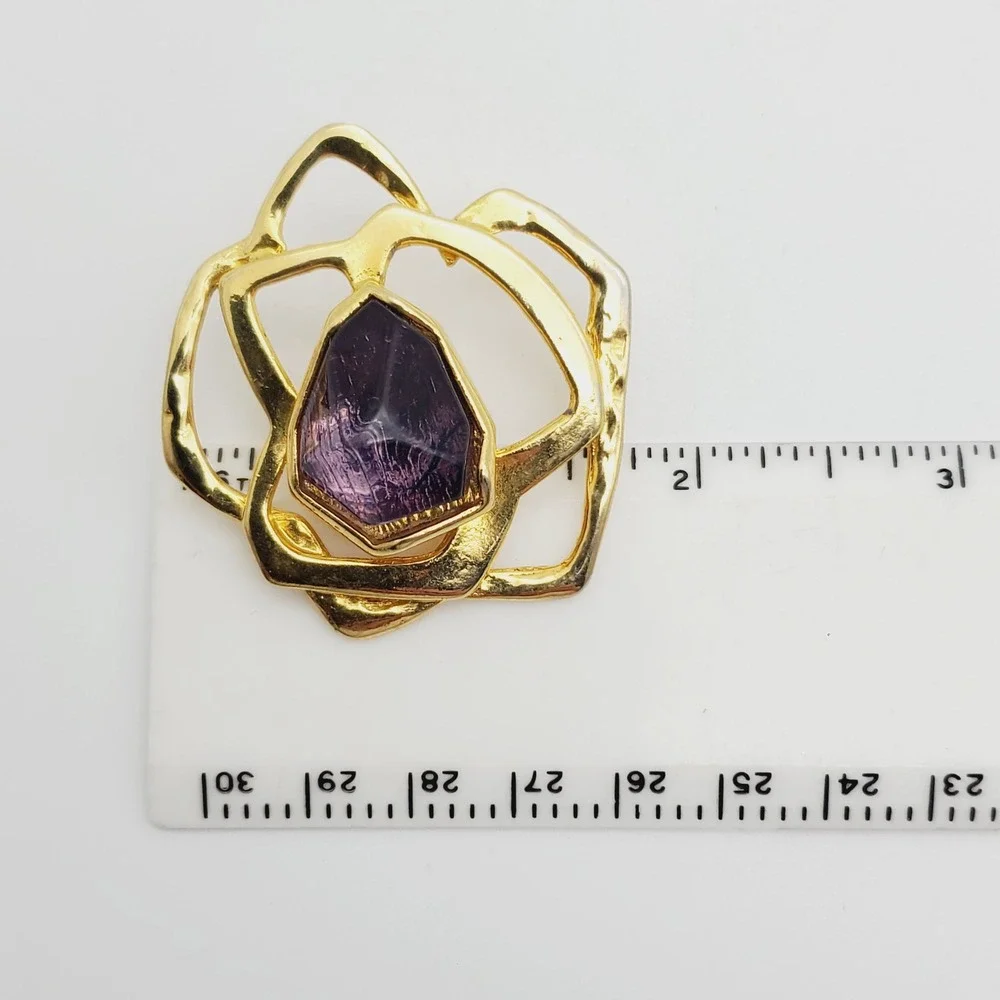 Huge‎ Clip On Earrings Gold Tone Amethyst Purple Acrylic Stone Runway Modernist